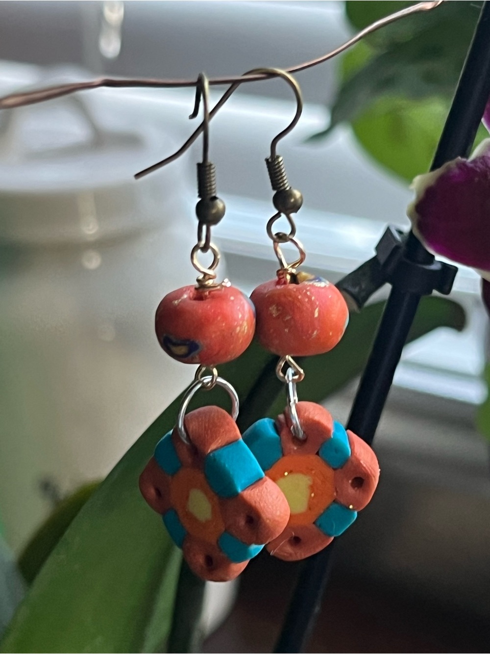 Handmade Orange & Turquoise Floral Drop Earrings - Brand Unbranded